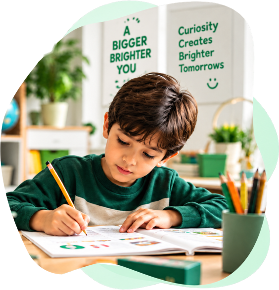 A young boy writing in his notebook at a classroom desk